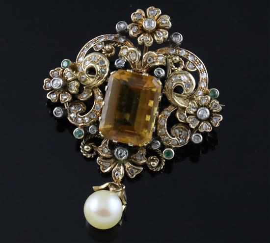 A 19th century gold, citrine, diamond, emerald? and drop pearl set pendant brooch,